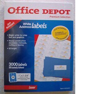 Office Depot Laser White Address Labels, 1" x 2-3/4", 3000 Labels